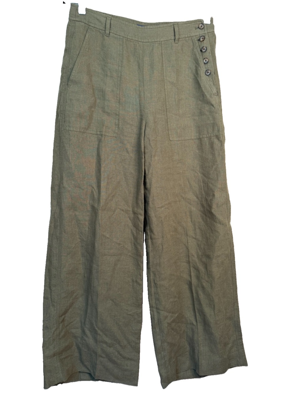 Polo Ralph Lauren 100% Linen Wide Leg Pants Olive Green Size 6 Button Side I24